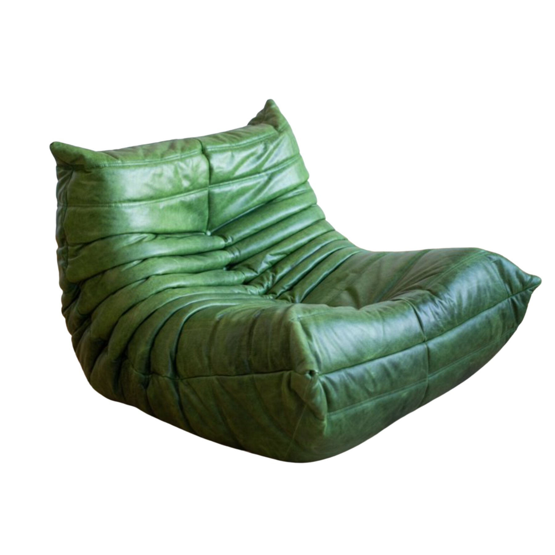 French Togo Chair and Ottoman in Green Leather by M. Ducaroy for